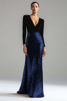 Load image into Gallery viewer, Sparkly Gold and Black Sequin Mermaid V-Neck Long Sleeves Holiday Party Dress