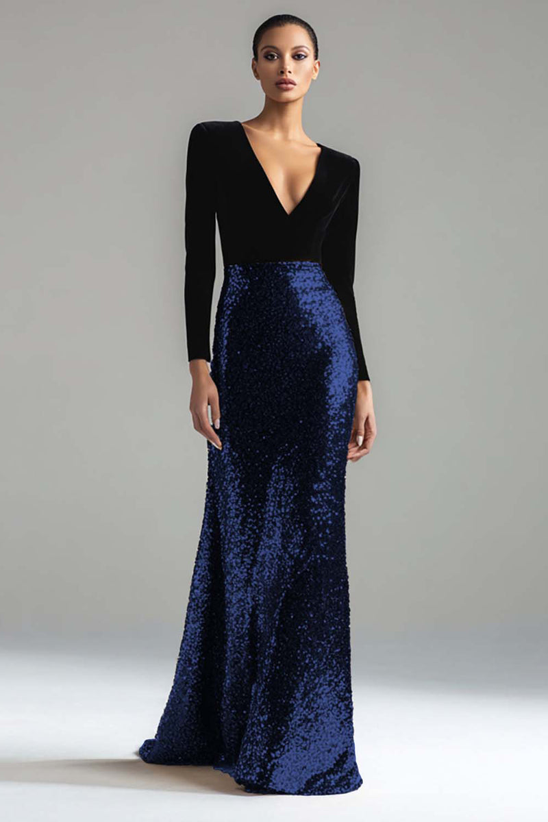 Load image into Gallery viewer, Sparkly Gold and Black Sequin Mermaid V-Neck Long Sleeves Holiday Party Dress