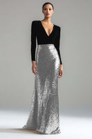 Load image into Gallery viewer, Sparkly Gold and Black Sequin Mermaid V-Neck Long Sleeves Holiday Party Dress
