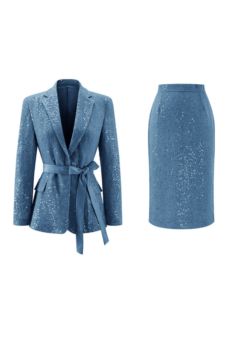 Load image into Gallery viewer, Sparkly Pink 2 Piece Sequin Pencil Midi Prom Suits with Sash