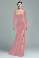 Load image into Gallery viewer, Dark Green Velvet Ruched Square Neck Long Holiday Party Dress with Slit