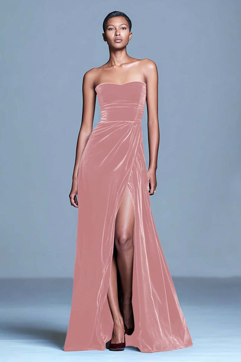 Load image into Gallery viewer, Burgundy Strapless Velvet Long Holiday Party Dress with Slit