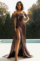 Load image into Gallery viewer, Queendancer Women Metallic Golden Sheath Long Formal Dress with Slit Off The Shoulder Ruched Gala Dress