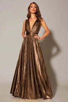 Load image into Gallery viewer, Sparkly Metallic Gold A-Line Pleated V-Neck Long Formal Dress