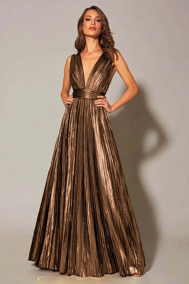 Load image into Gallery viewer, Sparkly Metallic Gold A-Line Pleated V-Neck Long Formal Dress