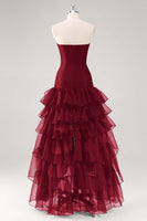 Load image into Gallery viewer, Elegant Black Strapless Tiered Long Organza Formal Dress with Slit
