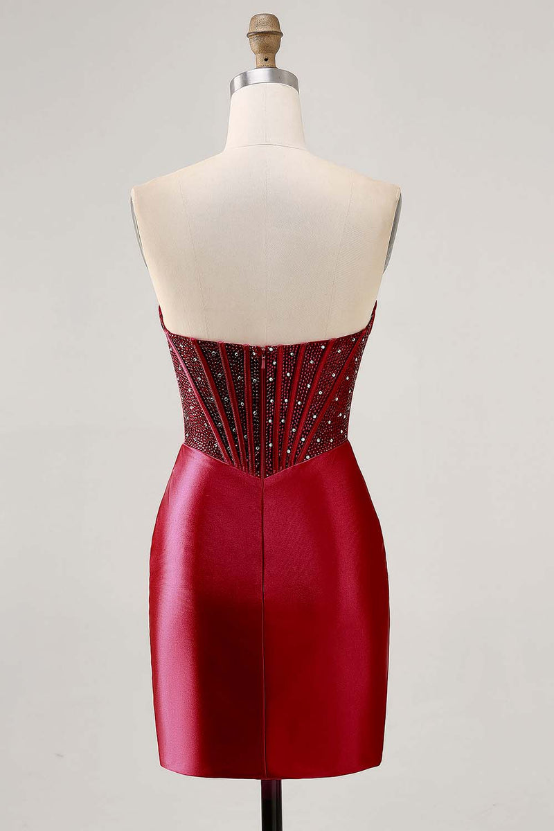 Load image into Gallery viewer, Sparkly Fuchsia Strapless Short Tight Corset Satin Homecoming Dress