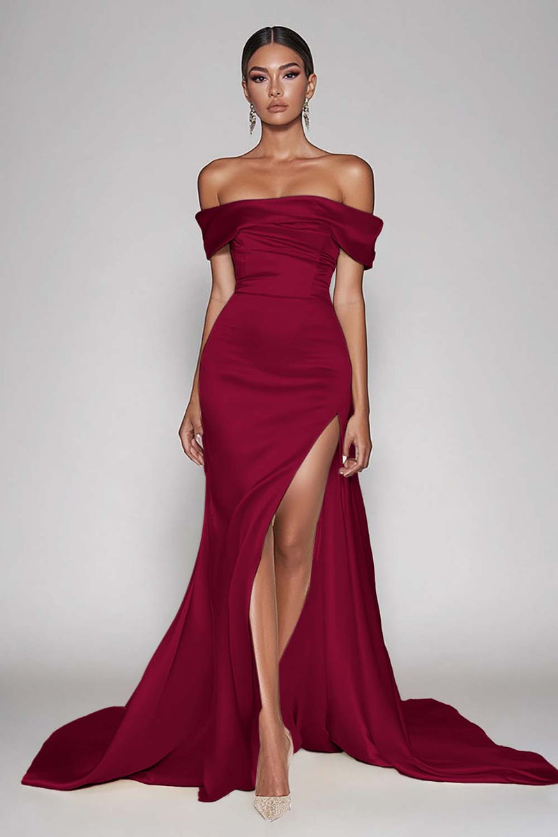 Load image into Gallery viewer, Champagne Sheath Off the Shoulder Satin Long Prom Dress with Slit