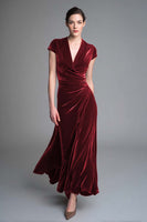 Load image into Gallery viewer, Caramel Velvet V Neck Ruched Long Holiday Party Dress with Sleeves