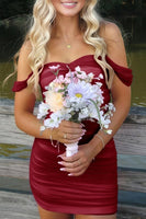 Load image into Gallery viewer, Red Bodycon Ruched Off the Shoulder Short Prom Dress