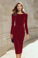 Load image into Gallery viewer, Dark Green Bodycon Velvet Boat Neck Midi Holiday Party Dress with Sleeves
