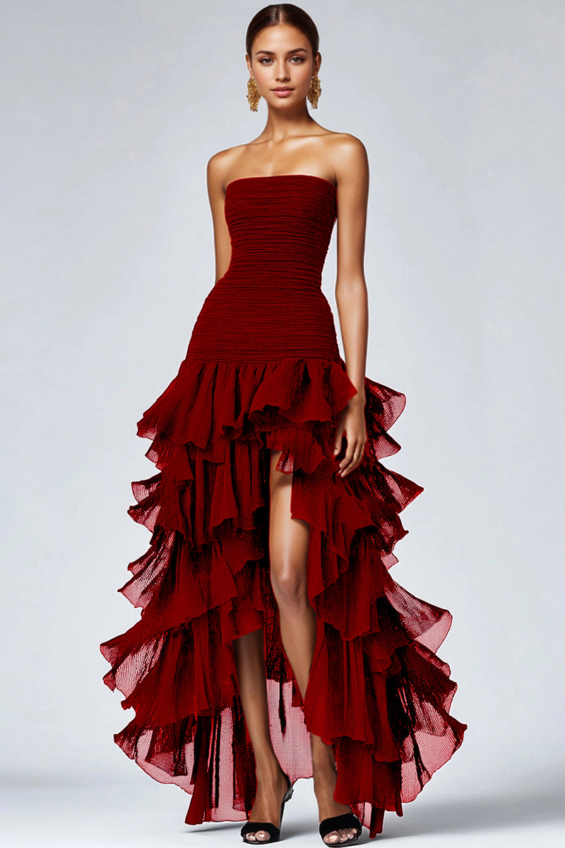 Queendancer Women Red Organza Formal Dress with Slit A Line Strapless Black  Tie Dress High-Low Ankle Length Tiered Long Gala Dress  queendancer