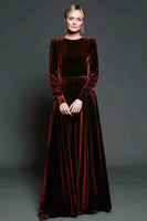 Load image into Gallery viewer, Simple Dark Purple A Line Velvet Long Holiday Party Dress with Sleeves