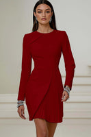 Load image into Gallery viewer, Queendancer Women Ivory Pleated Short Work Dress Long Sleeves Pencil Round Neck Business Dress