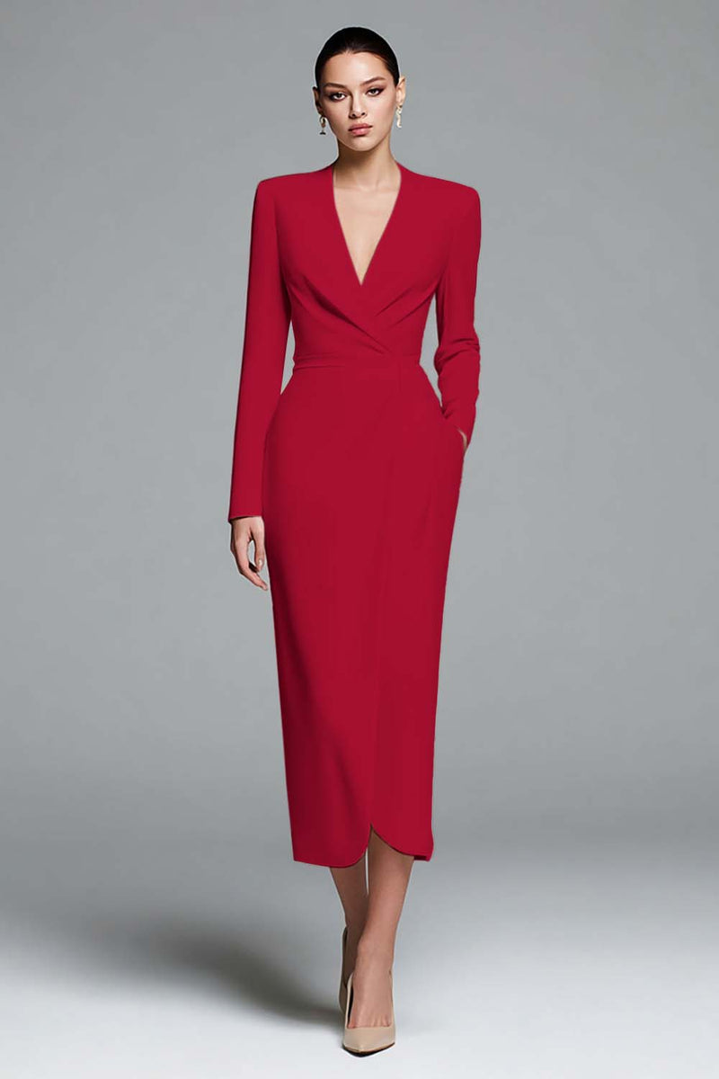 Load image into Gallery viewer, Ivory Satin Sheath V-Neck Long Sleeves Work Dress