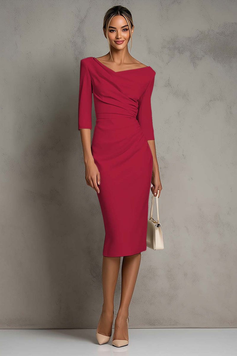 Load image into Gallery viewer, Simple Ivory Ruched Pencil Half Sleeves Midi Work Dress with Slit