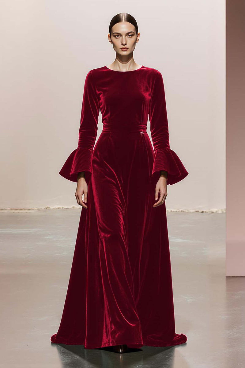 Load image into Gallery viewer, Dark Green Velvet A Line Round Neck Long Sleeves Formal Dress