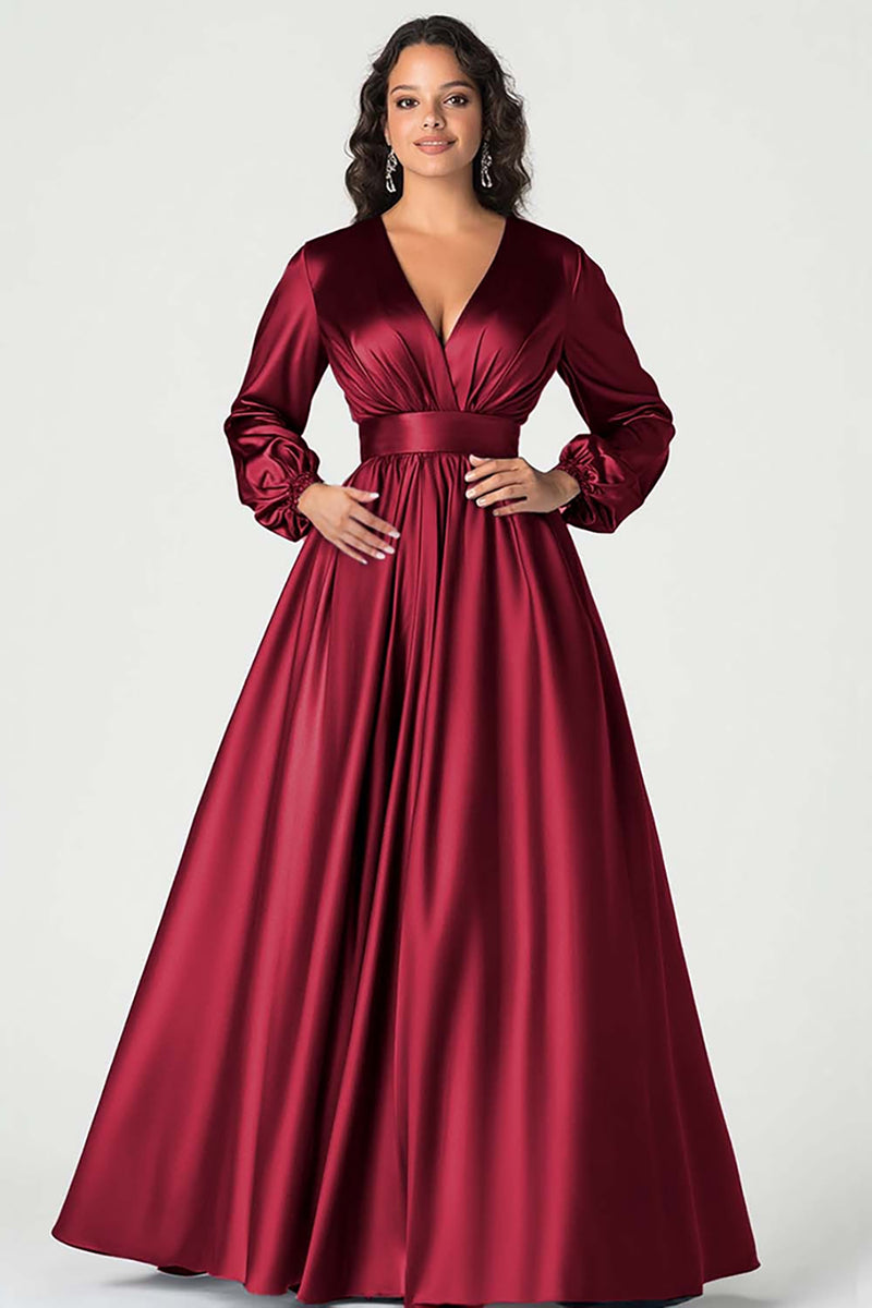 Load image into Gallery viewer, Queendancer Women Grey Blue Satin Mother of the Bride Dress Long Sleeves A Line Ball Gown V-Neck Pleated Long Wedding Guest Dress