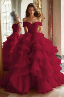 Load image into Gallery viewer, Pink Ball Gown A Line Tulle Off the Shoulder Tiered Long Quinceanera Dress with Ruffles