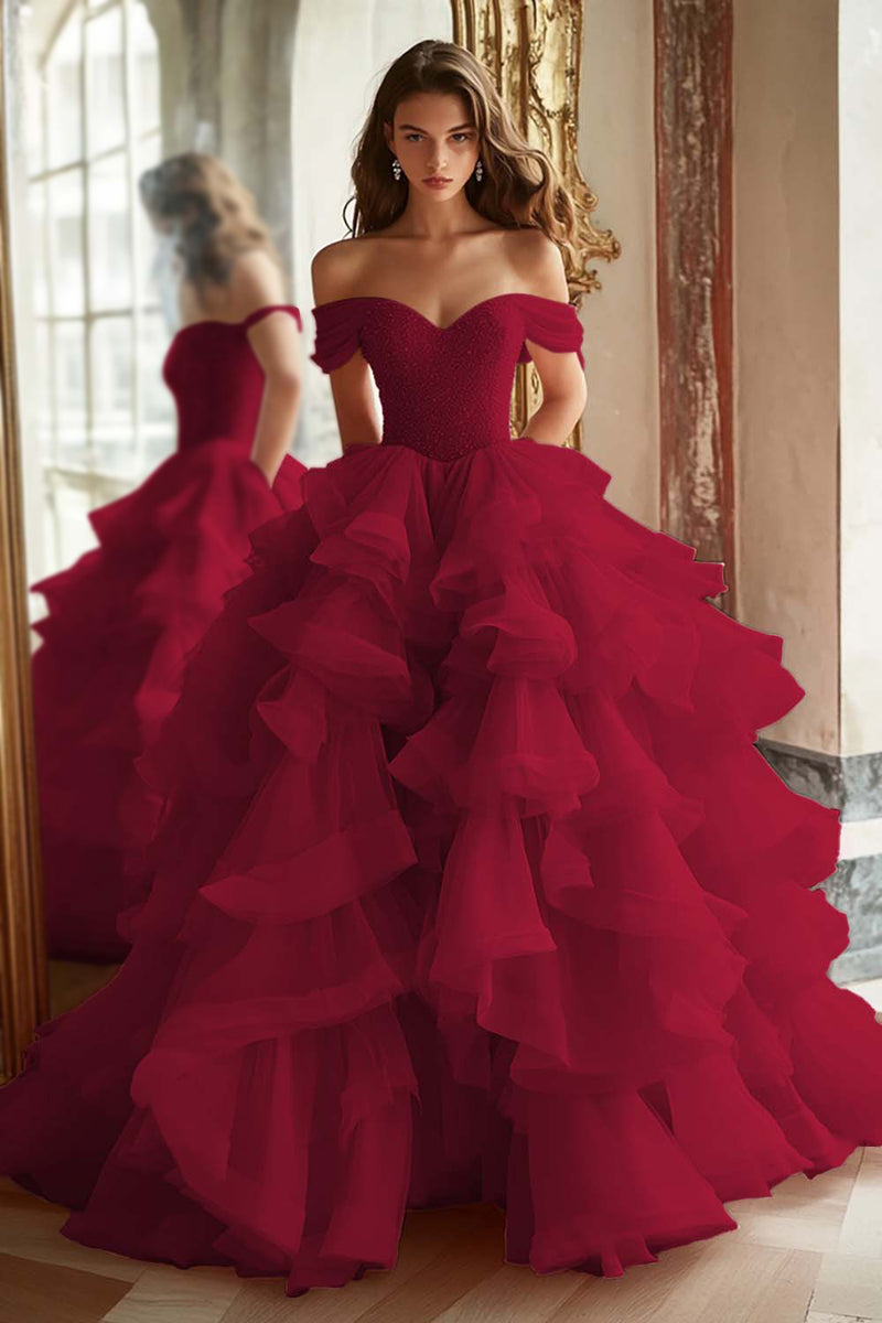 Load image into Gallery viewer, Pink Ball Gown A Line Tulle Off the Shoulder Tiered Long Quinceanera Dress with Ruffles
