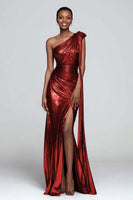 Load image into Gallery viewer, Sparkly Brown Metallic Ruched One Shoulder Long Formal Dress with Slit