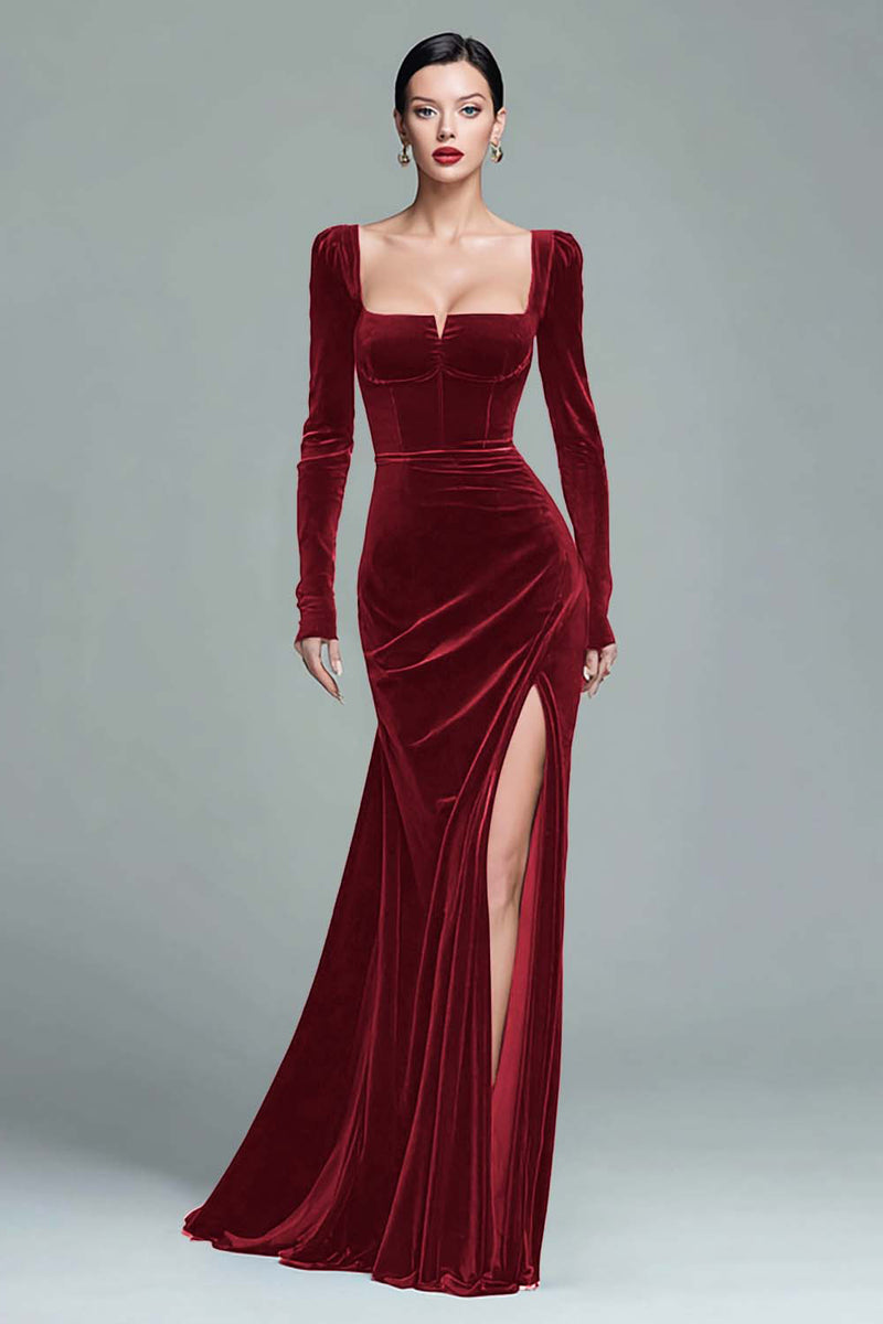 Load image into Gallery viewer, Dark Green Velvet Ruched Square Neck Long Holiday Party Dress with Slit