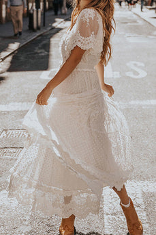 White V-Neck Short Sleeves Lace Graduation Dress