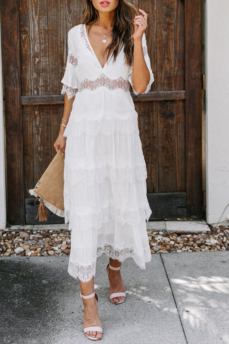 Load image into Gallery viewer, White V-Neck Tiered Graduation Dress with Half sleeves
