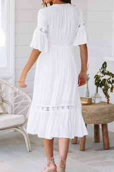 V-Neck White Ruched Graduation Dress with Half sleeves