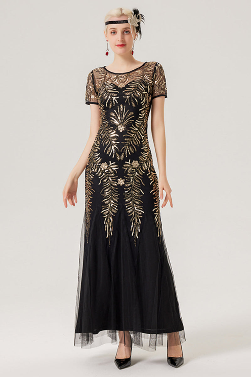 QUEENDANCER Women Black Golden Sequins Long 1920s Dress with Short Sleeves  Gatsby Dress  queendancer