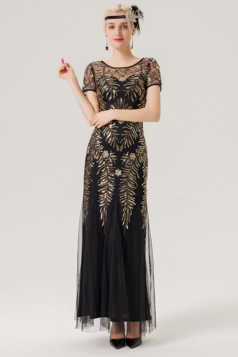 Black And Gold Sequin Dress Short QUEENDANCER Women Black Golden Sequins  Long 1920s Dress with Short