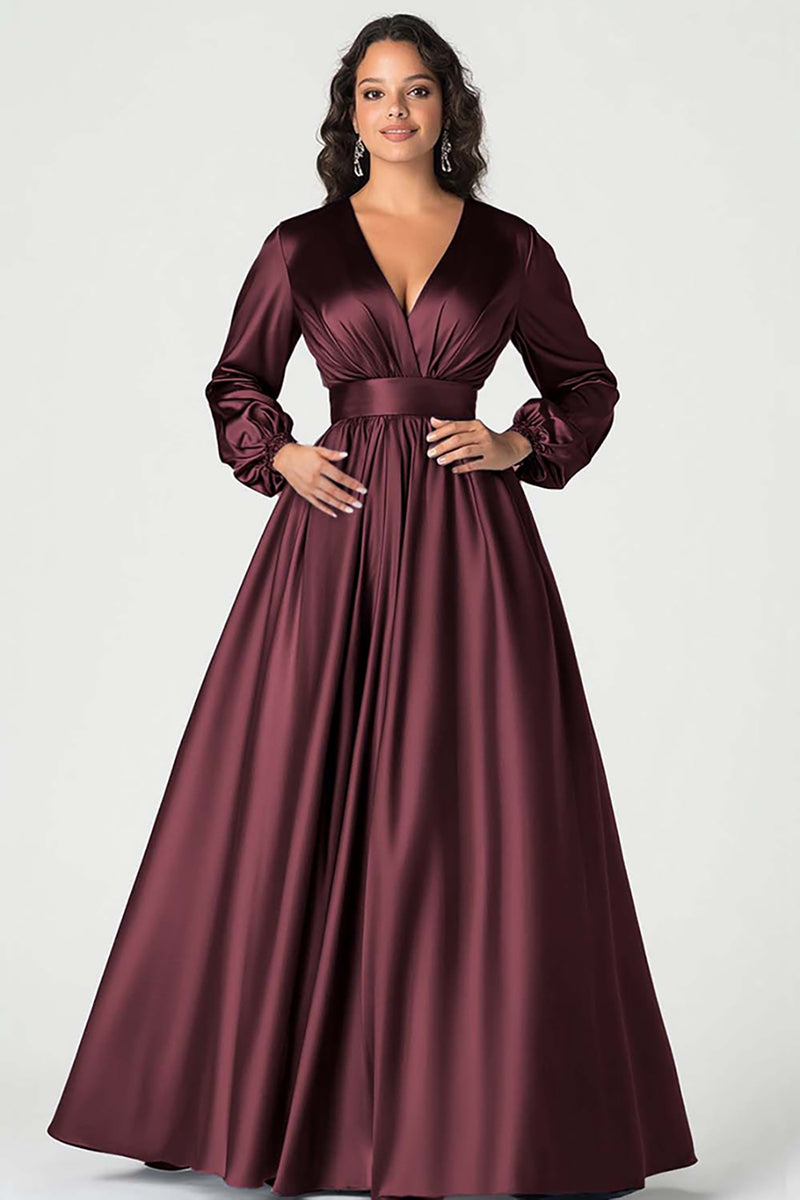 Load image into Gallery viewer, Queendancer Women Grey Blue Satin Mother of the Bride Dress Long Sleeves A Line Ball Gown V-Neck Pleated Long Wedding Guest Dress