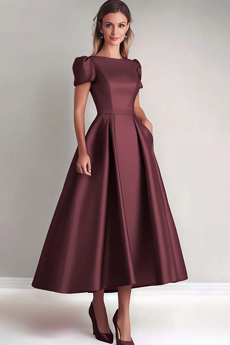 Load image into Gallery viewer, Black A Line Puff Sleeves Satin Mother of the Bride Dress