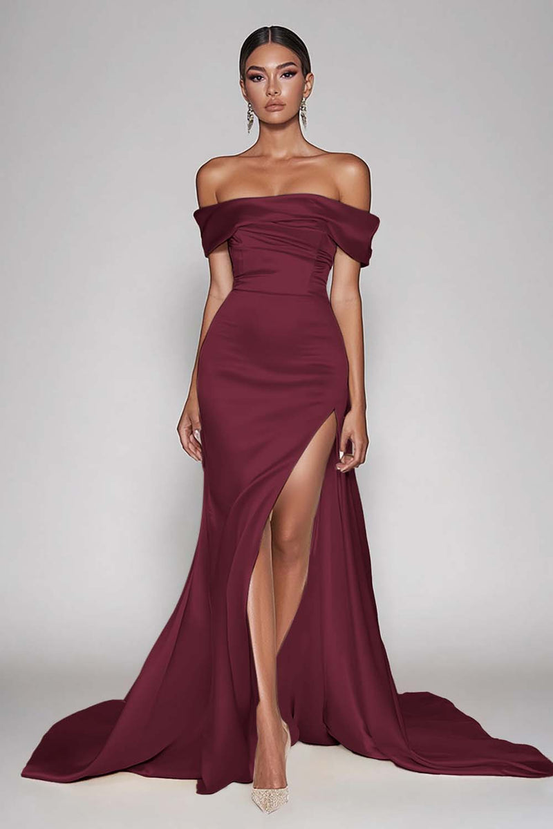 Load image into Gallery viewer, Champagne Sheath Off the Shoulder Satin Long Prom Dress with Slit