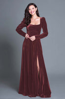 Load image into Gallery viewer, Burgundy Velvet Square Neck Long Sleeves Holiday Party Dress with Slit