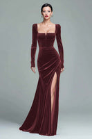 Load image into Gallery viewer, Dark Green Velvet Ruched Square Neck Long Holiday Party Dress with Slit