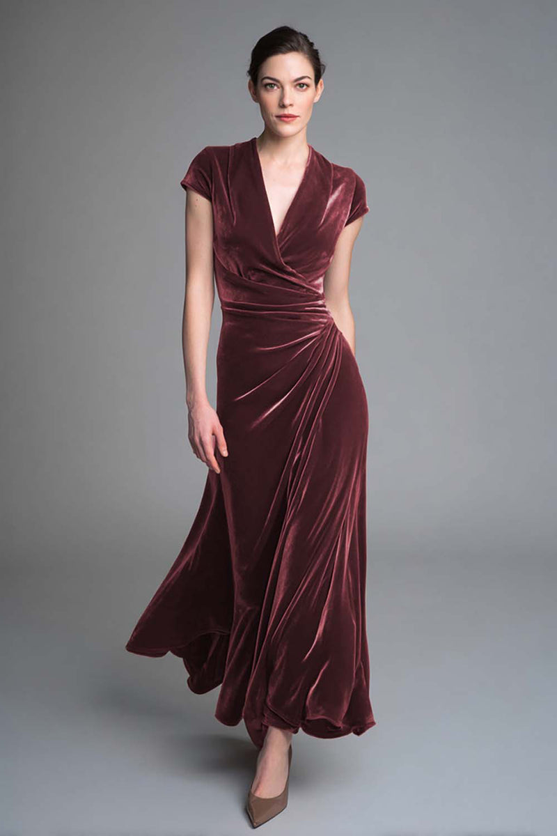 Load image into Gallery viewer, Caramel Velvet V Neck Ruched Long Holiday Party Dress with Sleeves