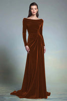 Load image into Gallery viewer, Dark Green Velvet Sheath Boat Neck Long Sleeves Formal Dress