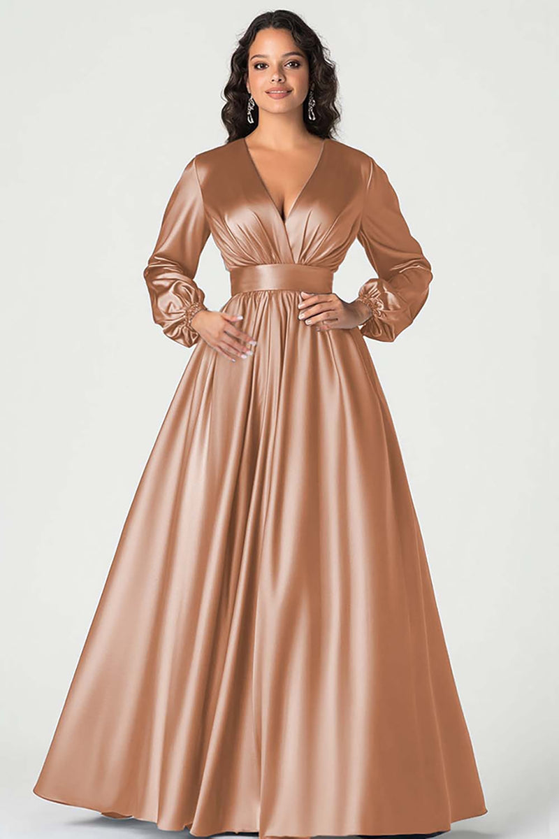 Load image into Gallery viewer, Queendancer Women Grey Blue Satin Mother of the Bride Dress Long Sleeves A Line Ball Gown V-Neck Pleated Long Wedding Guest Dress