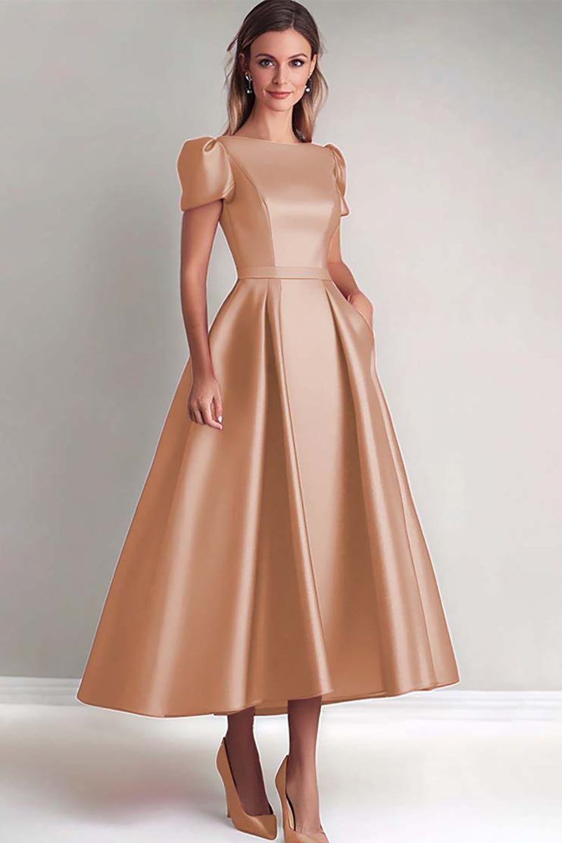 Load image into Gallery viewer, Black A Line Puff Sleeves Satin Mother of the Bride Dress