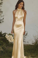 Load image into Gallery viewer, Light Yellow Sheath Halter Long Satin Bridesmaid Dress