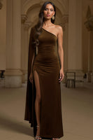 Load image into Gallery viewer, Dark Green Velvet Sheath One Shoulder Long Holiday Party Dress with Slit