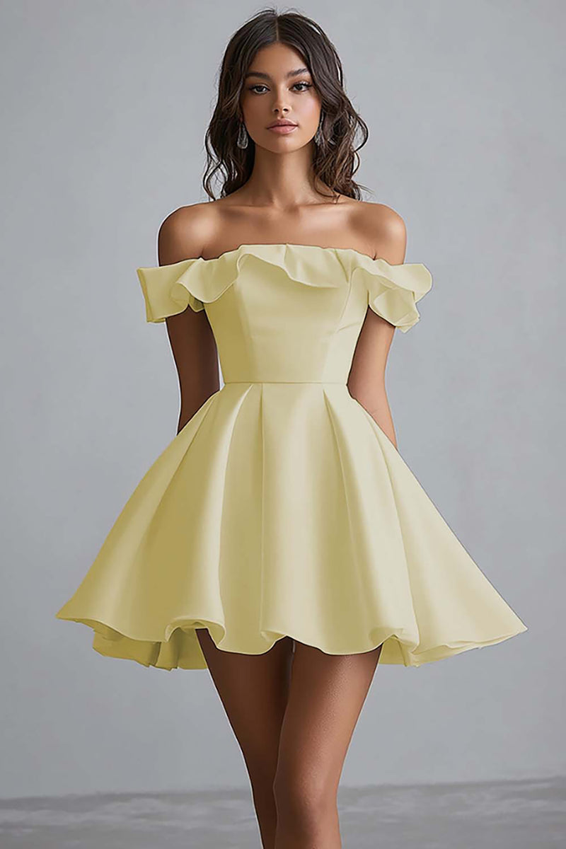 Load image into Gallery viewer, Dusty Blue A Line Off the Shoulder Satin Mini Graduation Dress with Ruffles