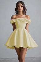 Load image into Gallery viewer, White A Line Satin Off the Shoulder Mini Graduation Dress with Ruffles