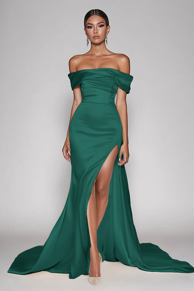 Load image into Gallery viewer, Dark Green Satin Off the Shoulder Sheath Long Prom Dress with Slit