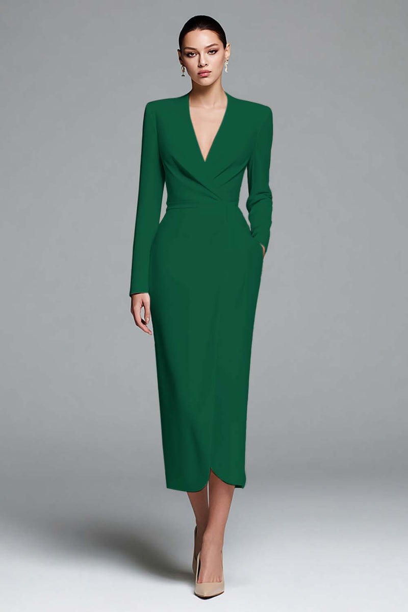 Load image into Gallery viewer, Dusty Rose Sheath Satin V-Neck Ruched Long Sleeves Work Dress