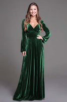 Load image into Gallery viewer, Burgundy Velvet A-Line V-Neck Long Sleeves Holiday Party Dress