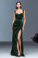 Load image into Gallery viewer, Burgundy Ruched Velvet Long Holiday Party Dress with Slit