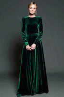Load image into Gallery viewer, Simple Dark Purple A Line Velvet Long Holiday Party Dress with Sleeves