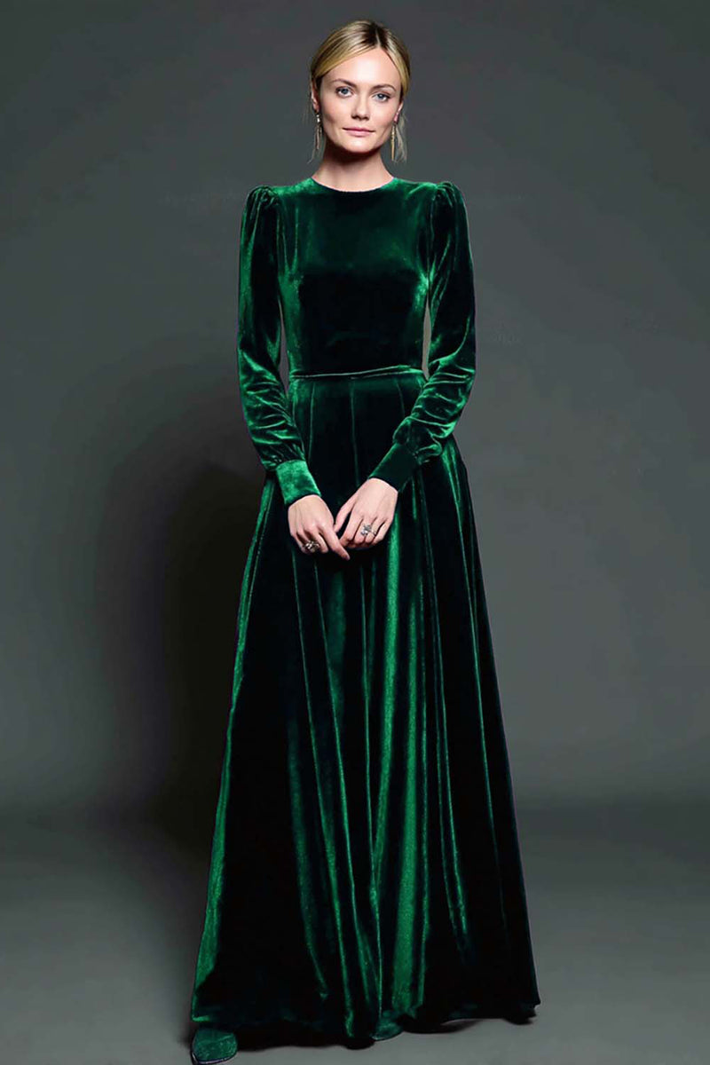 Load image into Gallery viewer, Simple Dark Purple A Line Velvet Long Holiday Party Dress with Sleeves